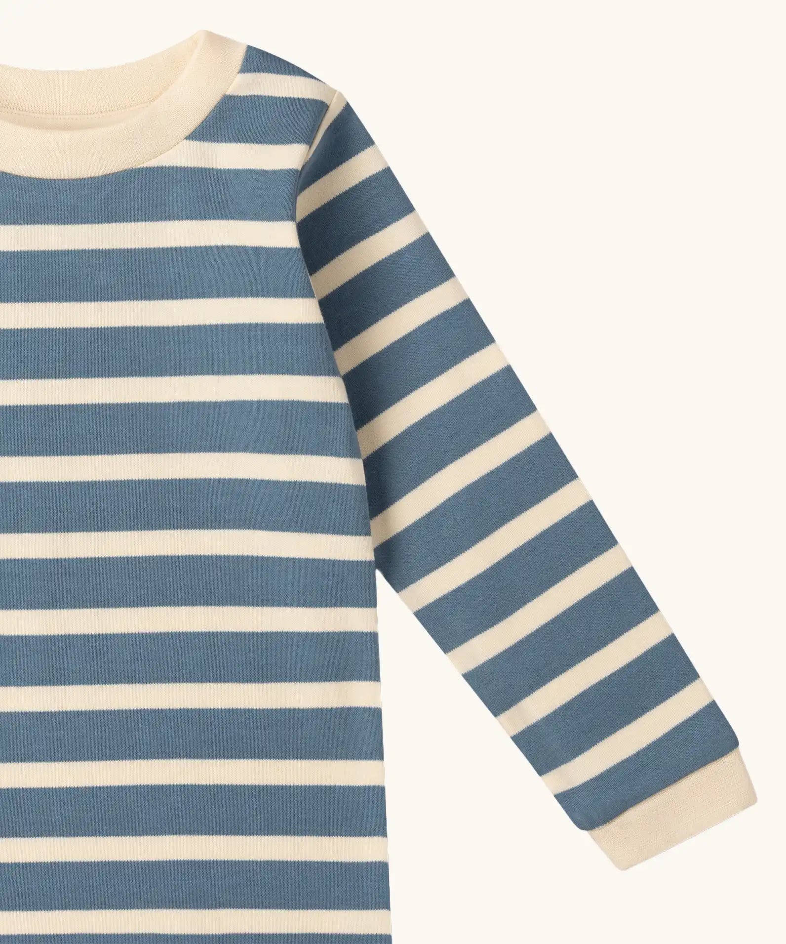 Close up of the Little Green Radicals soft blue stripe organic cotton long sleeve children's top.
