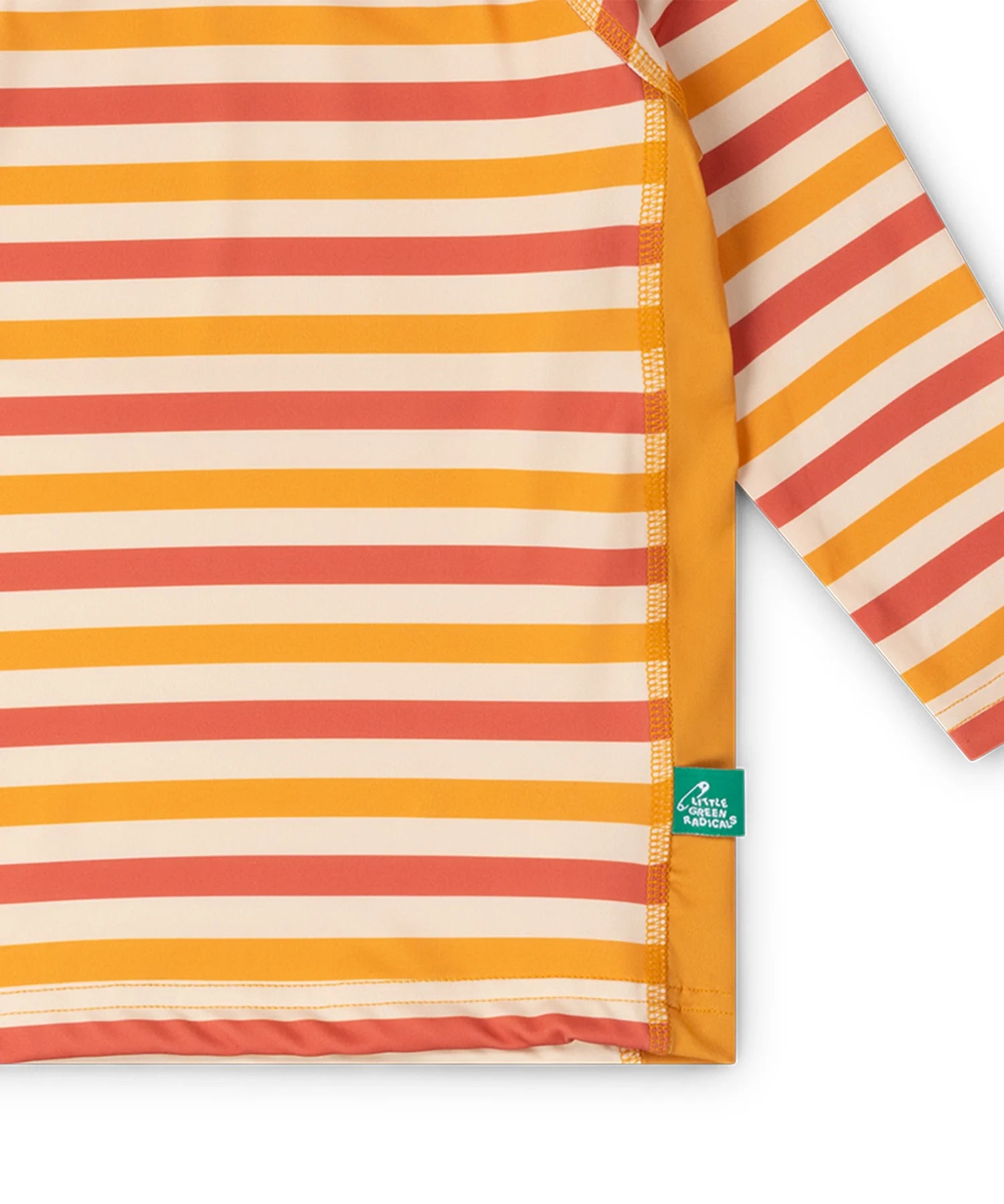 Close up of the striped front on the Little Green Radicals sorbet striped UPF 50 sunsafe long sleeve rash vest. Yellow gold, cream and light red stripes.