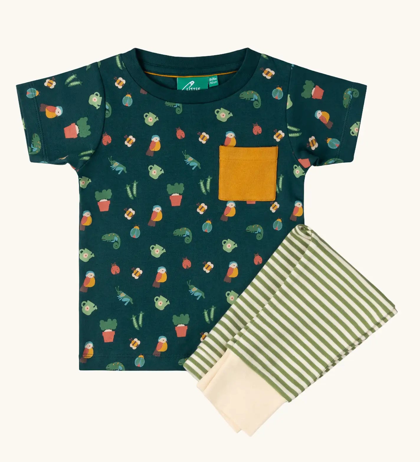 Little Green Radicals Spring garden organic cotton playset outfit. Repeat pattern green t-shirt with yellow chest pocket and green and cream striped joggers. 