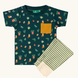 Little Green Radicals Spring garden organic cotton playset outfit. Repeat pattern green t-shirt with yellow chest pocket and green and cream striped joggers. 