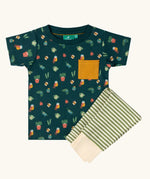 Little Green Radicals Spring garden organic cotton playset outfit. Repeat pattern green t-shirt with yellow chest pocket and green and cream striped joggers. 