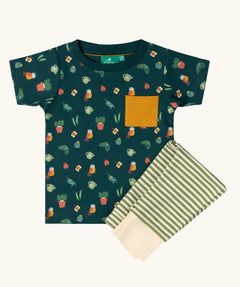 Little Green Radicals Spring garden organic cotton playset outfit. Repeat pattern green t-shirt with yellow chest pocket and green and cream striped joggers. 