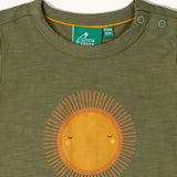 Close up of neck popper closure on the Little Green Radicals Summer rays sunshine short sleeve green popper organic-cotton t-shirt.