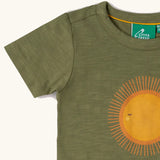 Green t-shirt with a sun design on a white background