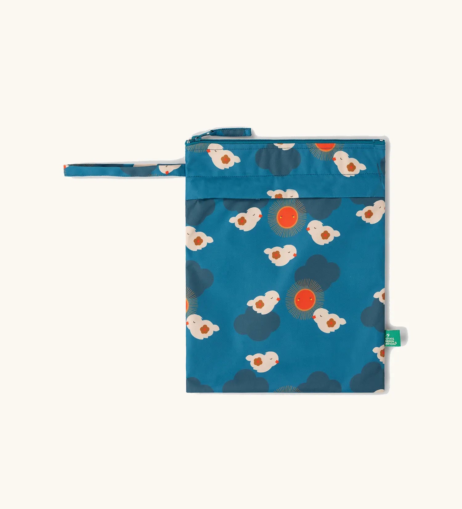 Little Green Radicals sun birds print blue recycled waterproof wet bag with zip closure and hanging loop.