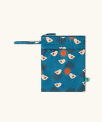 Little Green Radicals sun birds print blue recycled waterproof wet bag with zip closure and hanging loop.