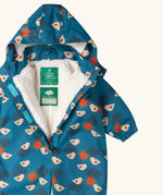 Close up of the Little Green Radicals sun birds recycled waterproof winter all in one suit unzipped showing the fleece lining. Blue background with white birds and orange sun. 