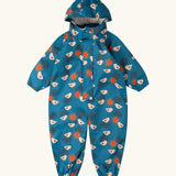 Little Green Radicals sun birds recycled waterproof winter all in one suit. Blue background with white birds and orange sun. 