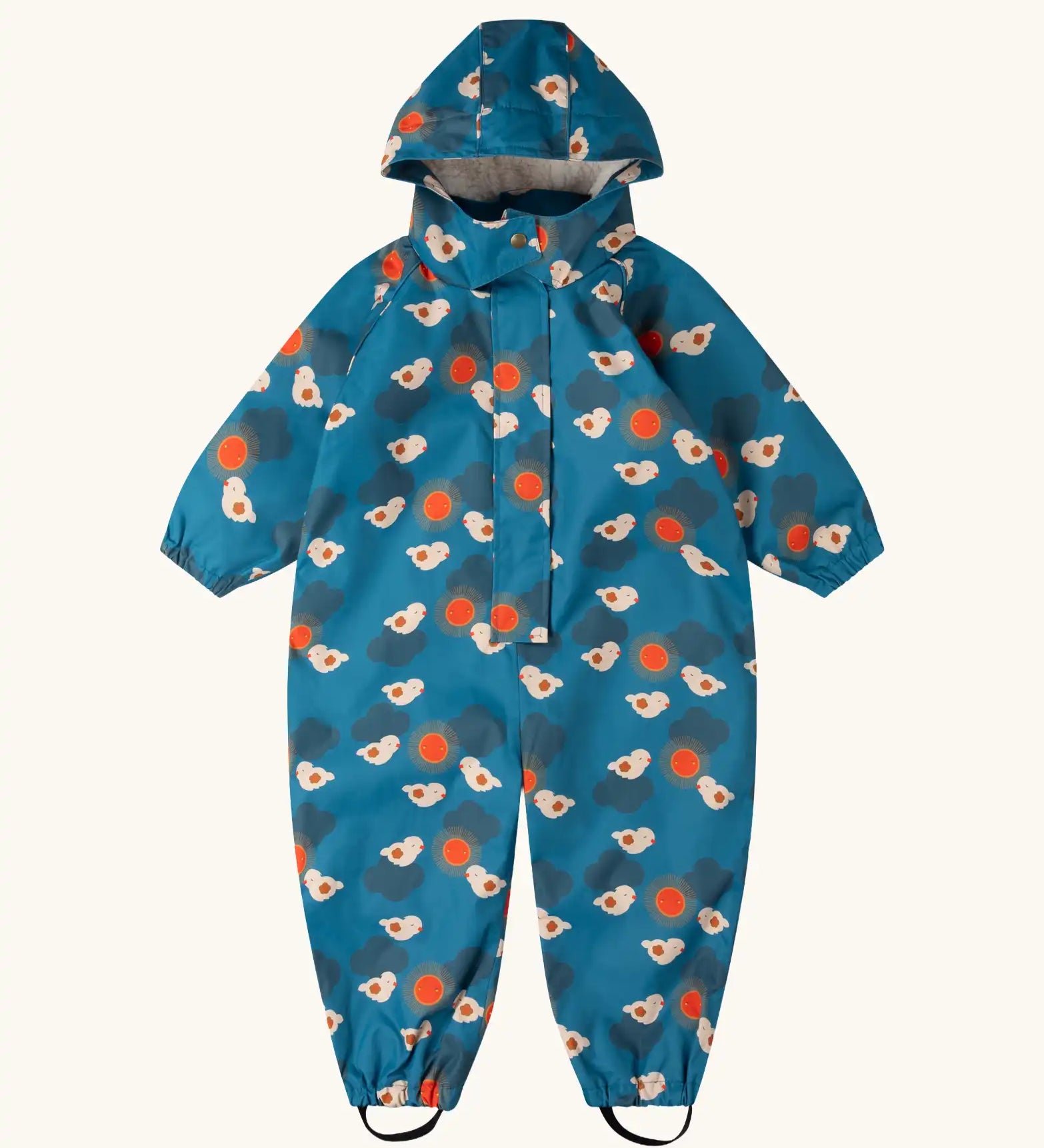 Little Green Radicals sun birds recycled waterproof winter all in one suit. Blue background with white birds and orange sun. 