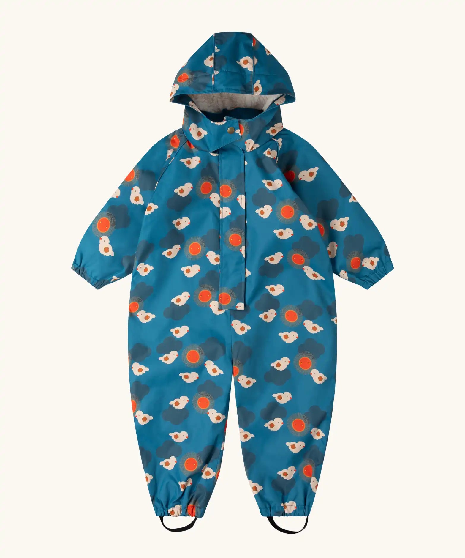 Little Green Radicals sun birds recycled waterproof winter all in one suit. Blue background with white birds and orange sun. 
