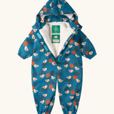 Little Green Radicals sun birds recycled waterproof winter all in one suit unzipped showing the fleece lining. Blue background with white birds and orange sun. 