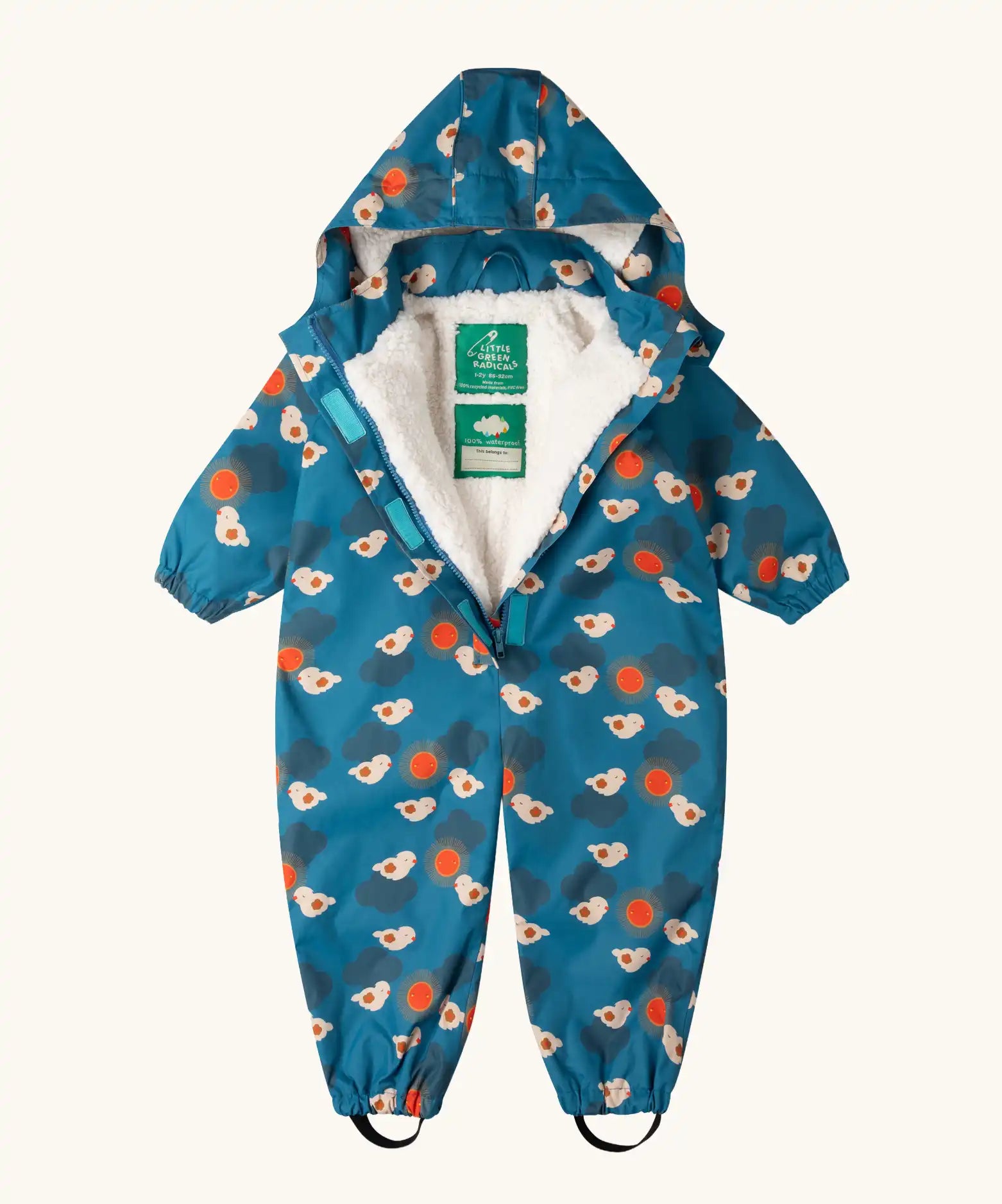 Little Green Radicals sun birds recycled waterproof winter all in one suit unzipped showing the fleece lining. Blue background with white birds and orange sun. 