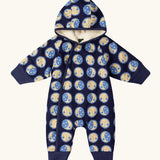 Little Green Radicals sun folk blue sherpa fleece lined snowsuit. Popper closure on the front.