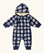 Little Green Radicals sun folk blue sherpa fleece lined snowsuit. Popper closure on the front.