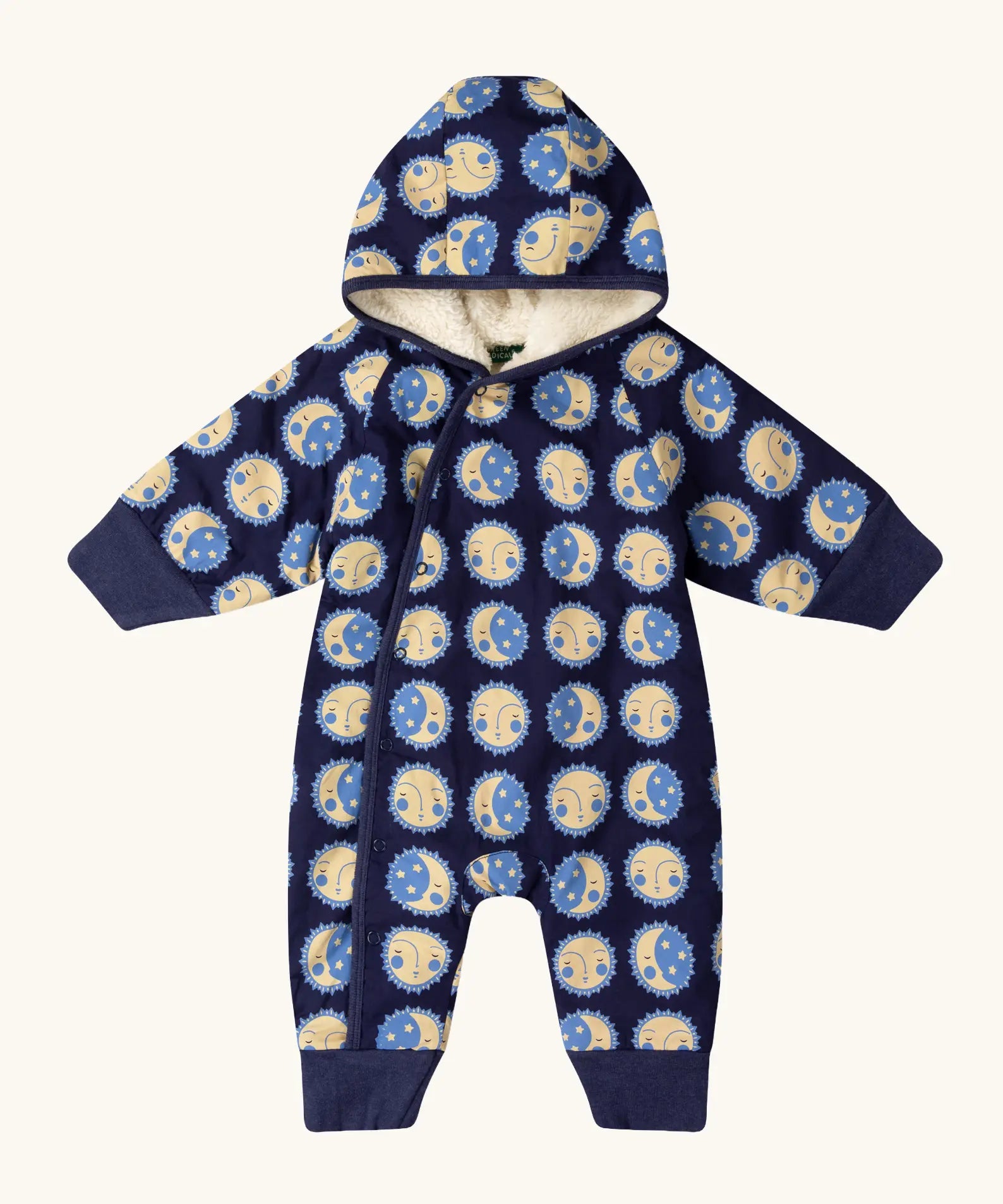 Little Green Radicals sun folk blue sherpa fleece lined snowsuit. Popper closure on the front.