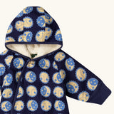 Little Green Radicals sun folk blue sherpa fleece lined snowsuit with poppers all closed.