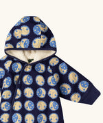 Little Green Radicals sun folk blue sherpa fleece lined snowsuit with poppers all closed.