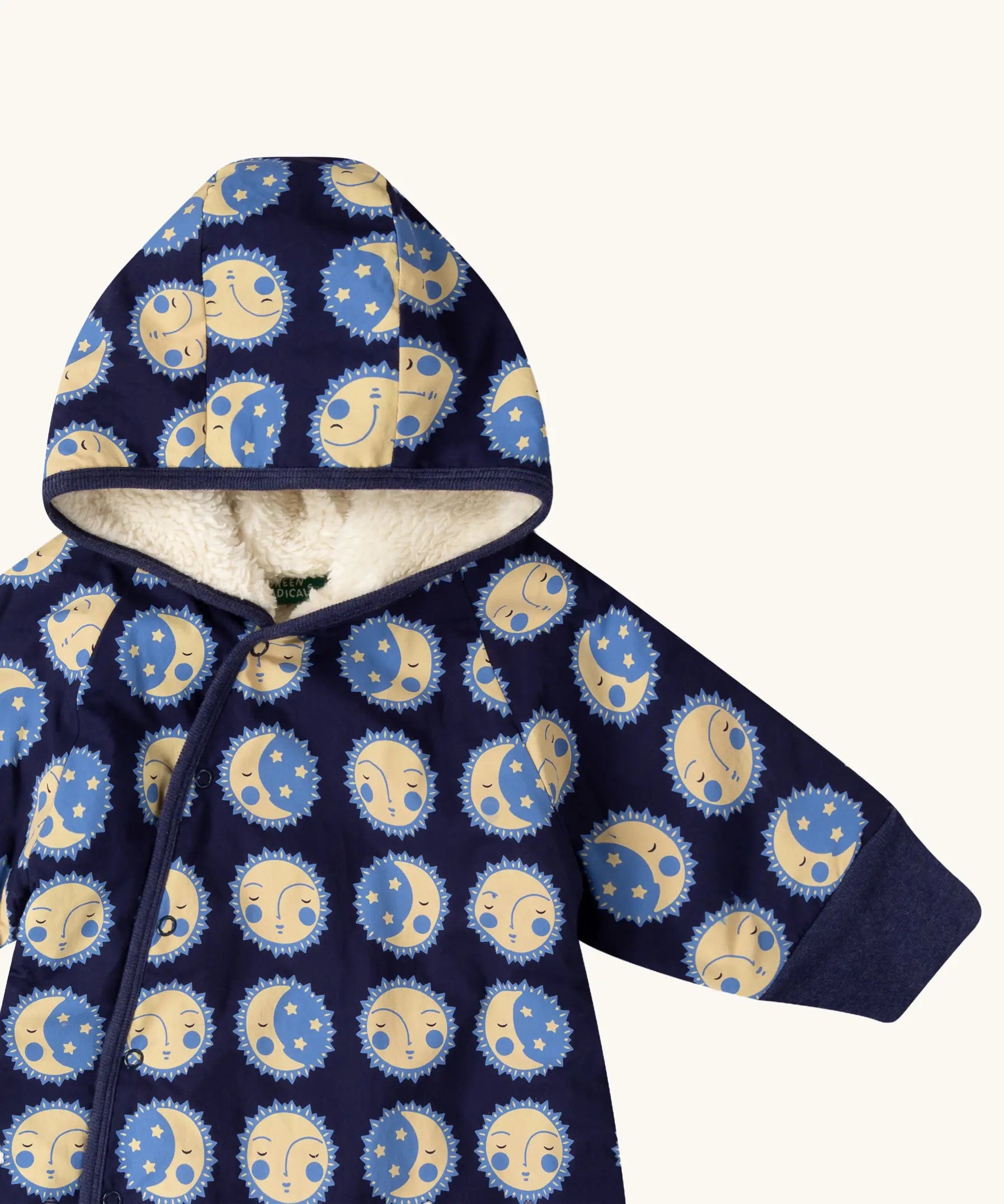 Little Green Radicals sun folk blue sherpa fleece lined snowsuit with poppers all closed.