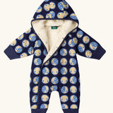 Little Green Radicals sun folk blue sherpa fleece lined snowsuit with top toppers shown open showing the lining.