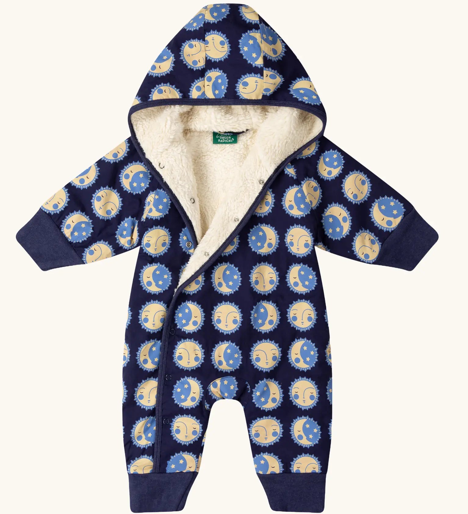Little Green Radicals sun folk blue sherpa fleece lined snowsuit with top toppers shown open showing the lining.