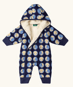 Little Green Radicals sun folk blue sherpa fleece lined snowsuit with top toppers shown open showing the lining.