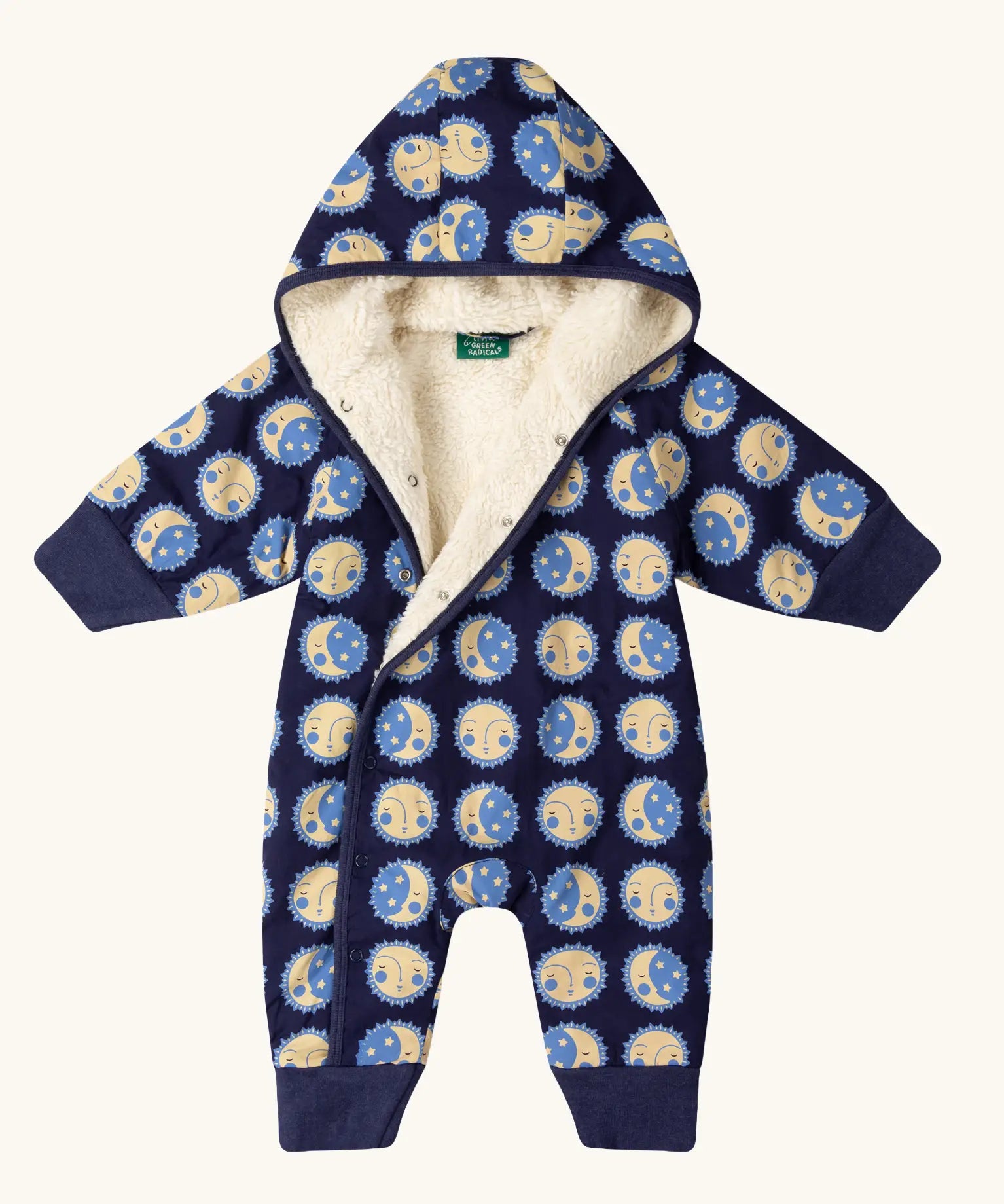 Little Green Radicals sun folk blue sherpa fleece lined snowsuit with top toppers shown open showing the lining.