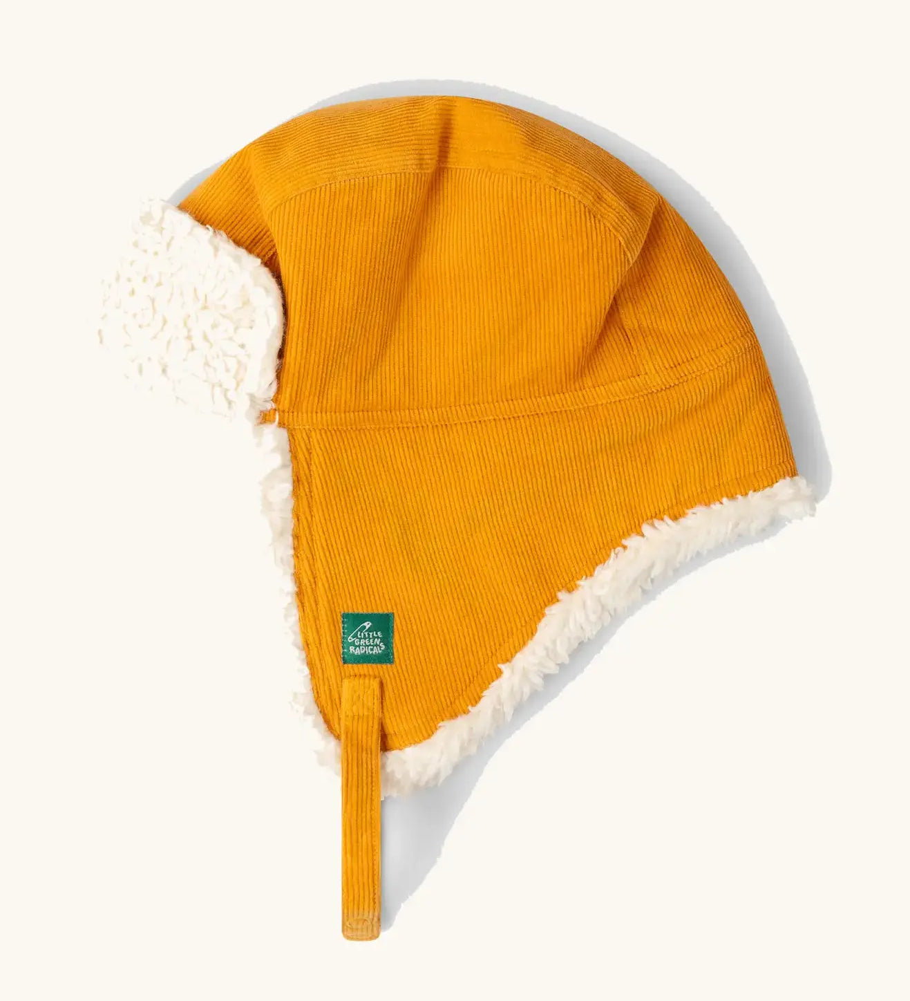 Little Green Radicals organic cotton sherpa fleece lined yellow gold corduroy cosy hat.