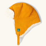 Little Green Radicals organic cotton sherpa fleece lined yellow gold corduroy cosy hat.