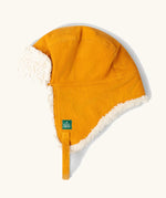 Little Green Radicals organic cotton sherpa fleece lined yellow gold corduroy cosy hat.