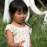A child wearing the Little Green Radicals Sunshine & Rainbows Pocket Playdays Dress. Little green Radicals have a wide range of organic cotton, Fairtrade children's clothing and outerwear available here at Babipur.