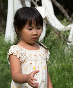 A child wearing the Little Green Radicals Sunshine & Rainbows Pocket Playdays Dress. Little green Radicals have a wide range of organic cotton, Fairtrade children's clothing and outerwear available here at Babipur.