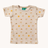 Little Green Radicals Sunshine & Rainbows Short Sleeve organic cotton T-Shirt. An off white, cream coloured t-shirt with an all over print featuring rainbows, sunshine and rainbow rainclouds. Little green Radicals have a wide range of organic cotton, Fairtrade children's clothing and outerwear available here at Babipur.