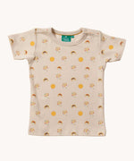 Little Green Radicals Sunshine & Rainbows Short Sleeve organic cotton T-Shirt. An off white, cream coloured t-shirt with an all over print featuring rainbows, sunshine and rainbow rainclouds. Little green Radicals have a wide range of organic cotton, Fairtrade children's clothing and outerwear available here at Babipur.