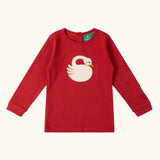 Little Green Radicals sleeping swan applique long sleeve organic cotton top in red.