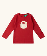 Little Green Radicals sleeping swan applique long sleeve organic cotton top in red.