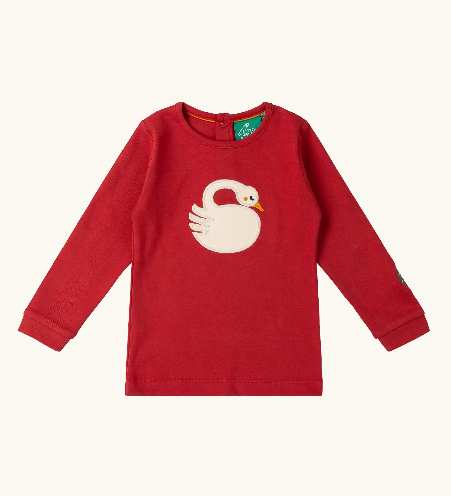 Little Green Radicals sleeping swan applique long sleeve organic cotton top in red.