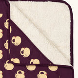 Close up of the Little Green Radicals swans organic sherpa hooded baby blanket.