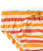Close up of the elasticated waist with yellow tie on the Little Green Radicals Sorbet Striped Reusable Swimming Nappy. Cream, Red and yellow stripes.