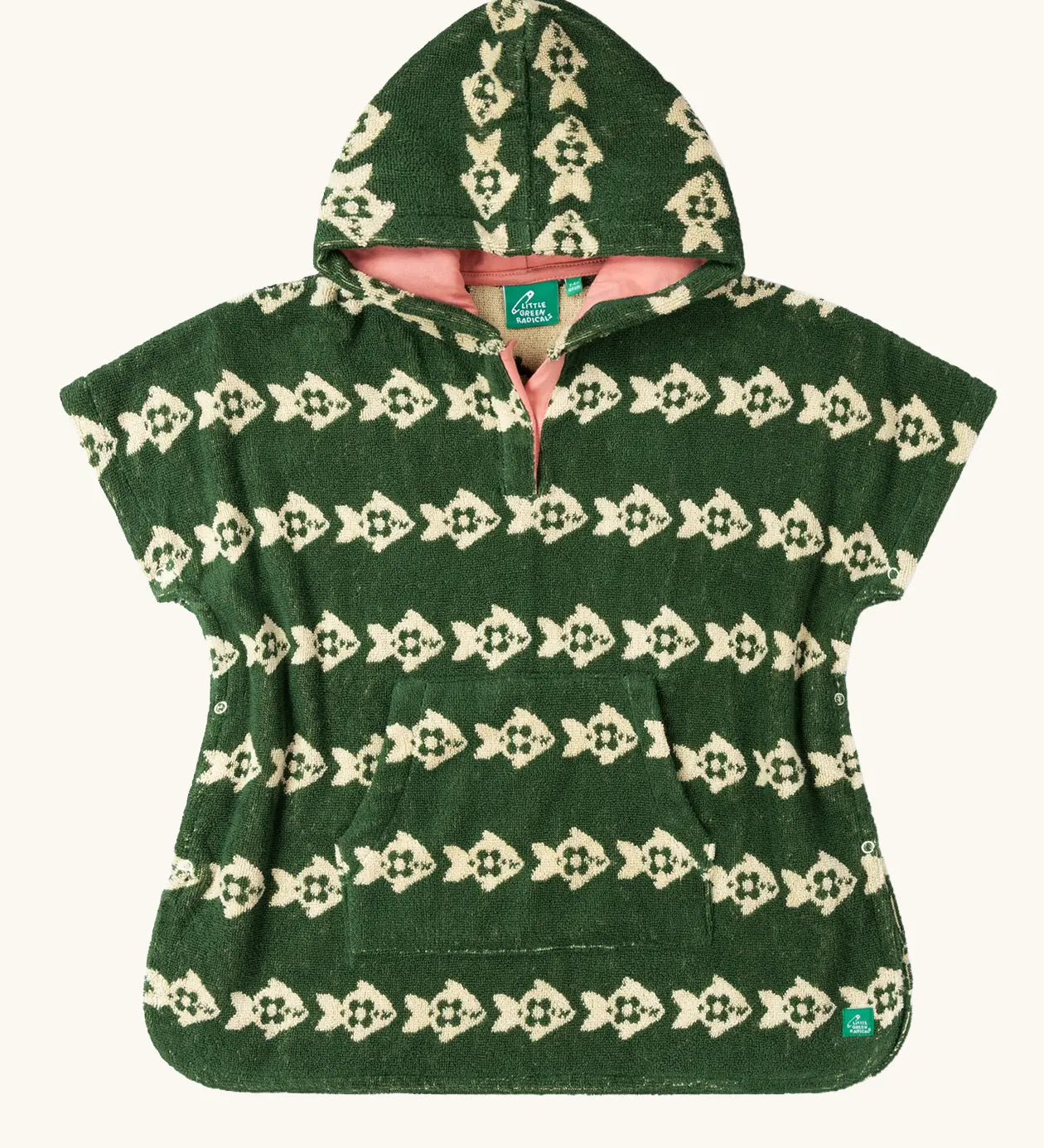 Little Green Radicals swimming fish organic cotton hooded towel poncho. Cream fish pattern on a green background.
