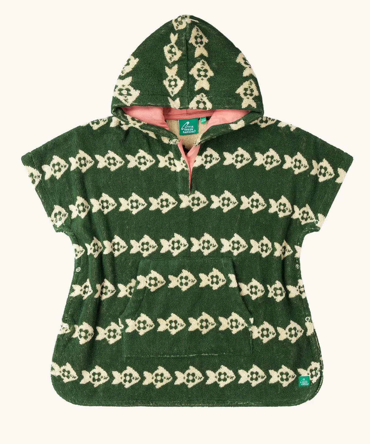 Little Green Radicals swimming fish organic cotton hooded towel poncho. Cream fish pattern on a green background.