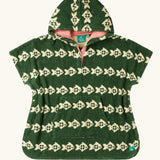 Little Green Radicals swimming fish organic cotton hooded towel poncho. Cream fish pattern on a green background.