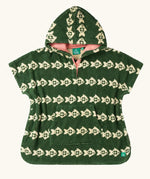Little Green Radicals swimming fish organic cotton hooded towel poncho. Cream fish pattern on a green background.