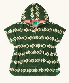 Little Green Radicals swimming fish organic cotton hooded towel poncho. Cream fish pattern on a green background.