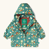 Little Green Radicals turquoise birds recycled waterproof kids raincoat. Repeat pattern featuring bird on blossom branches.