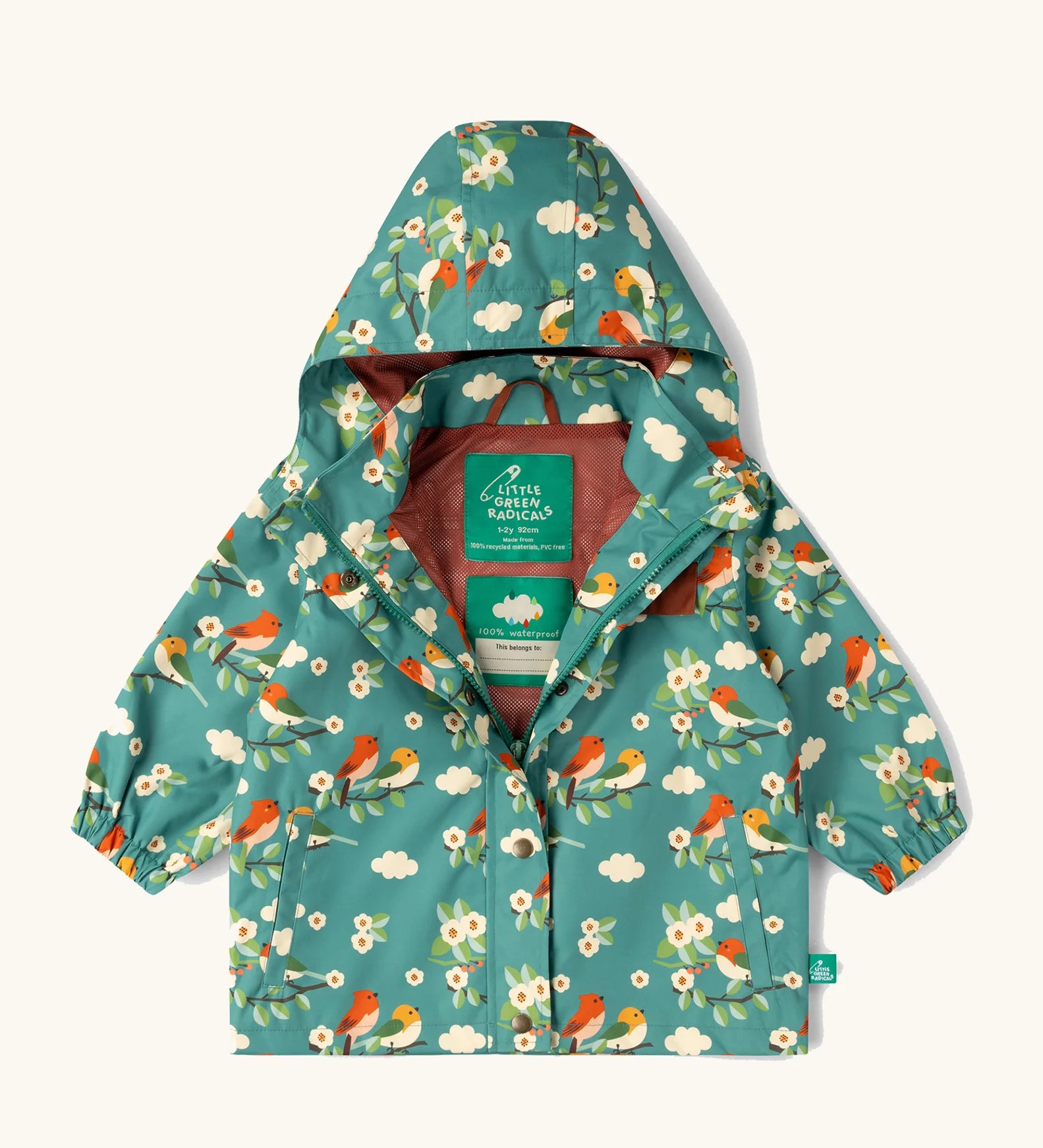 Little Green Radicals turquoise birds recycled waterproof kids raincoat. Repeat pattern featuring bird on blossom branches.