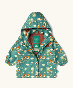 Little Green Radicals turquoise birds recycled waterproof kids raincoat. Repeat pattern featuring bird on blossom branches.