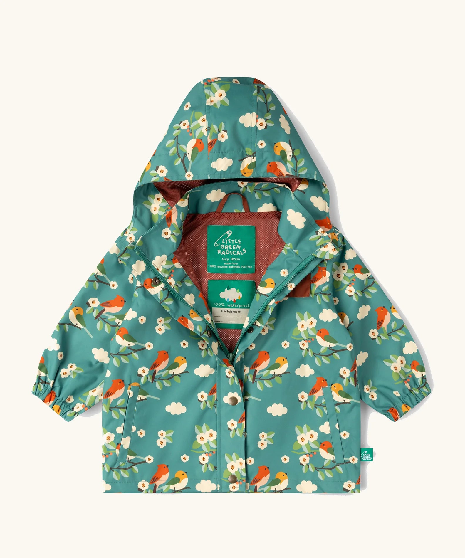 Little Green Radicals turquoise birds recycled waterproof kids raincoat. Repeat pattern featuring bird on blossom branches.