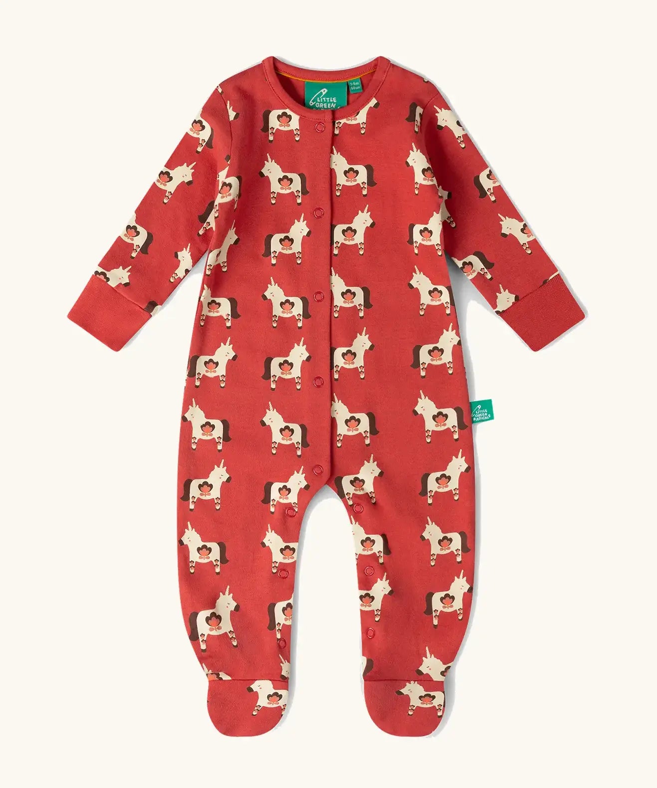 Little Green Radicals organic cotton babygrow in pink with an all over unicorns print. 