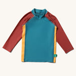 Little Green Radicals Teal Colour Block UPF 50+ Sunsafe Long Sleeve Rash Vest. The rash vest has a eal colour middle panel, with yellow gold sides and burgundy coloured sleeves.