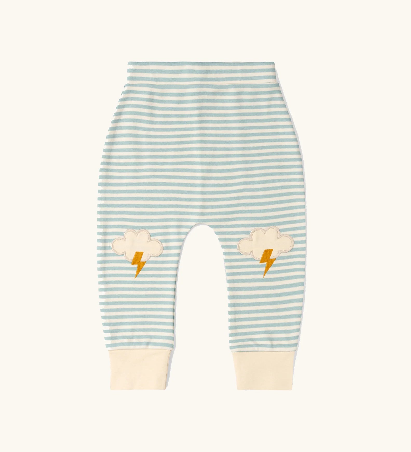 Little Green Radicals weather knee patch blue and cream striped organic cotton joggers. 
